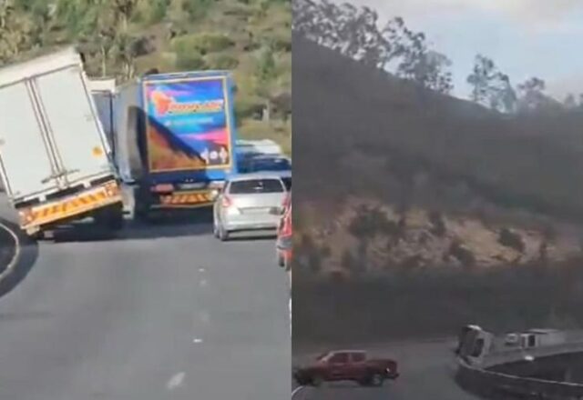 Vento derruba caminhão e trailer de viaduto em tempestade na África do Sul…