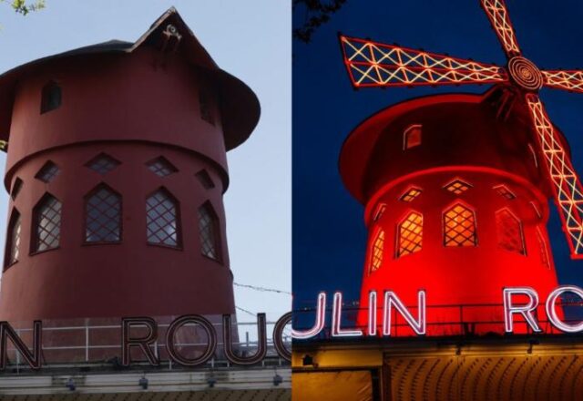 Pás do moinho de vento do cabaré Moulin Rouge desabam em Paris
